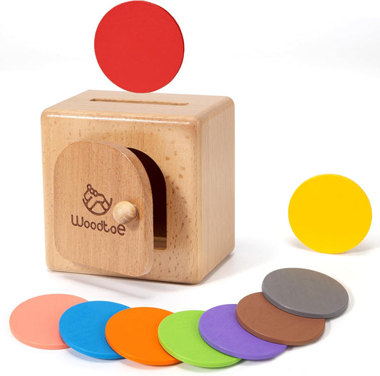 Woodtoe Montessori Coin Box for Toddlers, Montessori Toys for 1 2 3 Year Old, Fine Motor Skills Toys, Wooden Color Sorting Sensory Toy, Object Permanence Learning Matching Travel Game for Boys Girls