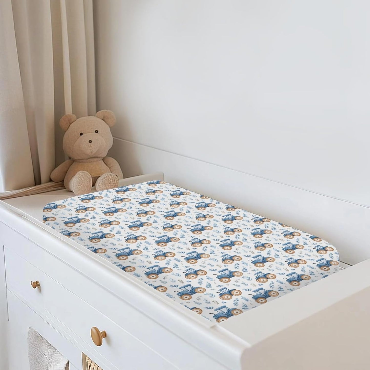 Watercolor Blue Tractors Baby Changing Pad Covers for Boy Girl Farm Tractors Boho Leaves Fitted Change Table Mats Farm Life Soft Diaper Change Table Cover Sheets for 32''×16'' Contoured Pad