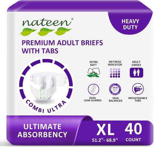 Nateen Combi Ultra Adult Diapers with Tabs for Women and Men, Ultimate Absorbency Protective Incontinence Briefs, Heavy Duty, Leakproof and Skin-Friendly Incontinence Underwear.Extra-Large, 40Count