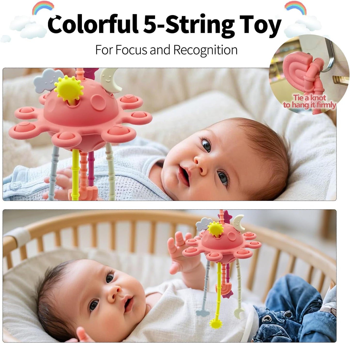 Montessori Sensory Toys for Babies 6-12 Months, Silicone Pull String Teething Toys for Baby Toys 6-12-18 Months, Infant Fidget Toys for Toddlers 1-3 Education Newborn Gifts