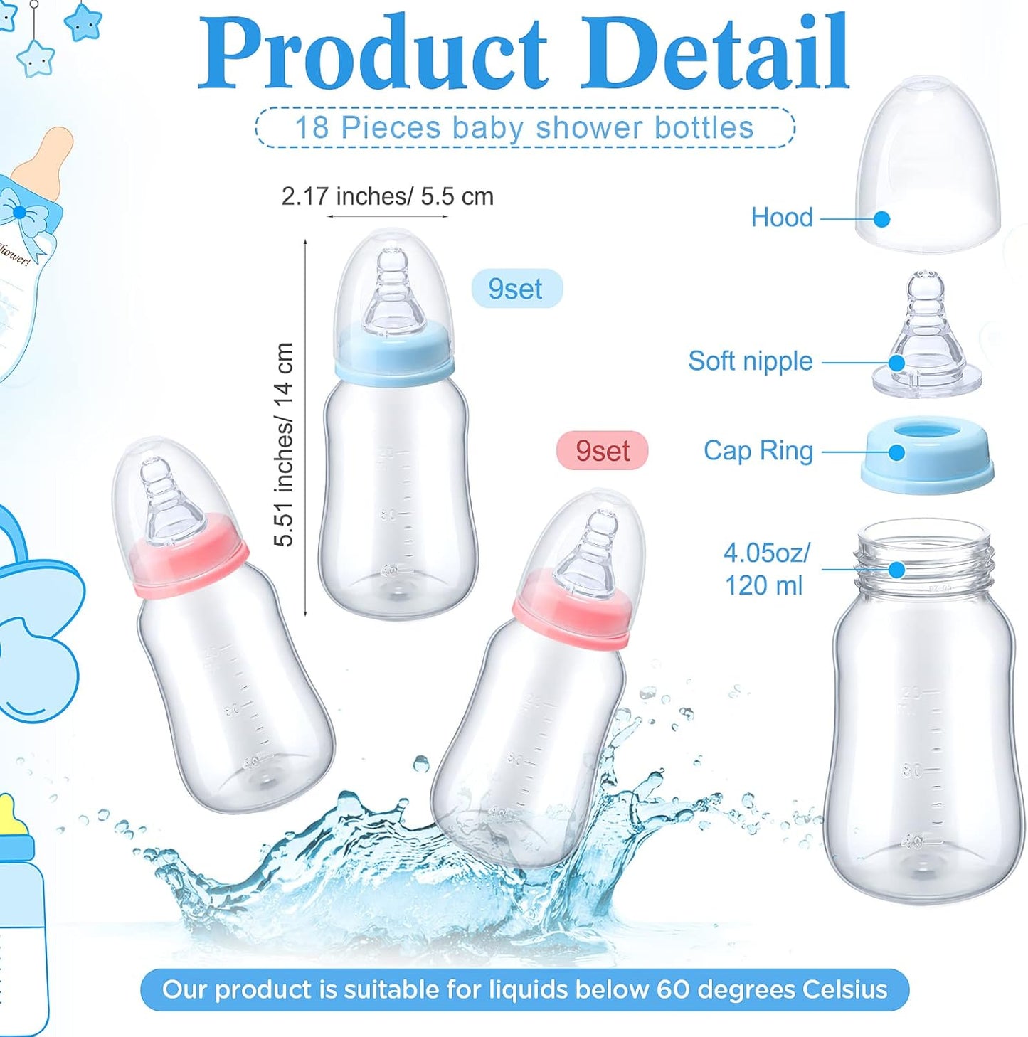 Roowest Bottle Chug Baby Shower Games Sets Including 18 Pcs Feeding Bottles with 1 Bottle Chug Wooden Sign for Gender Reveal Baby Shower Party Supplies(Pink, Blue,Eucalyptus)
