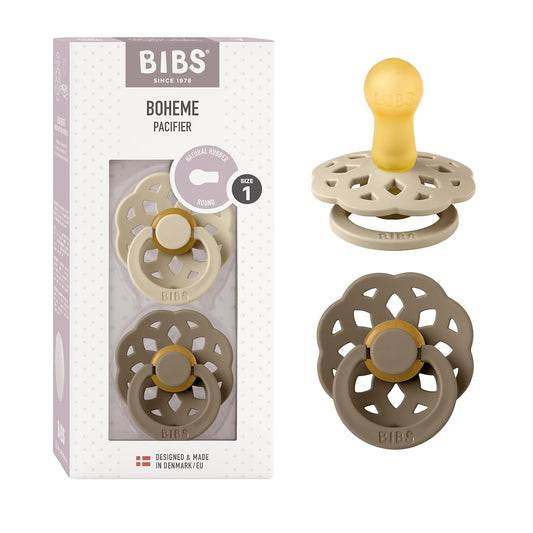 BIBS Pacifiers - Boheme Collection | BPA-Free Baby Pacifier | Made in Denmark | Set of 2 Vanilla/Dark Oak Color Premium Soothers | Size 0-6 Months