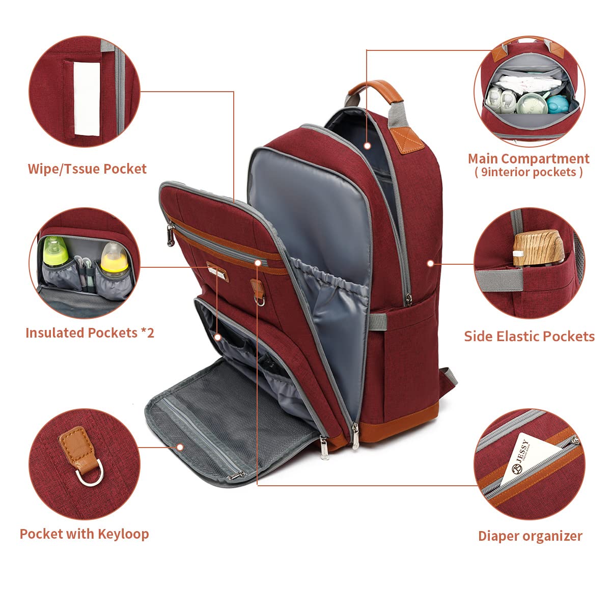 Diaper Bag Backpack, Large Baby Nappy Bags with Portable Changing Pad for Boys and GirlsMultifunction Travel Baby Bag for Moms Dads, Shower Gifts Waterproof and Stylish，Red