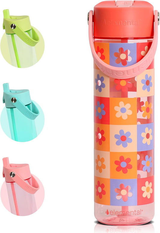 Elemental Splash Water Bottle with Straw - BPA-Free Tritan Plastic Reusable Water Bottle with Strap - Ideal for Travel, Gym and Sports - Leak Proof when Spout is Closed - 26oz - Checkered Flowers