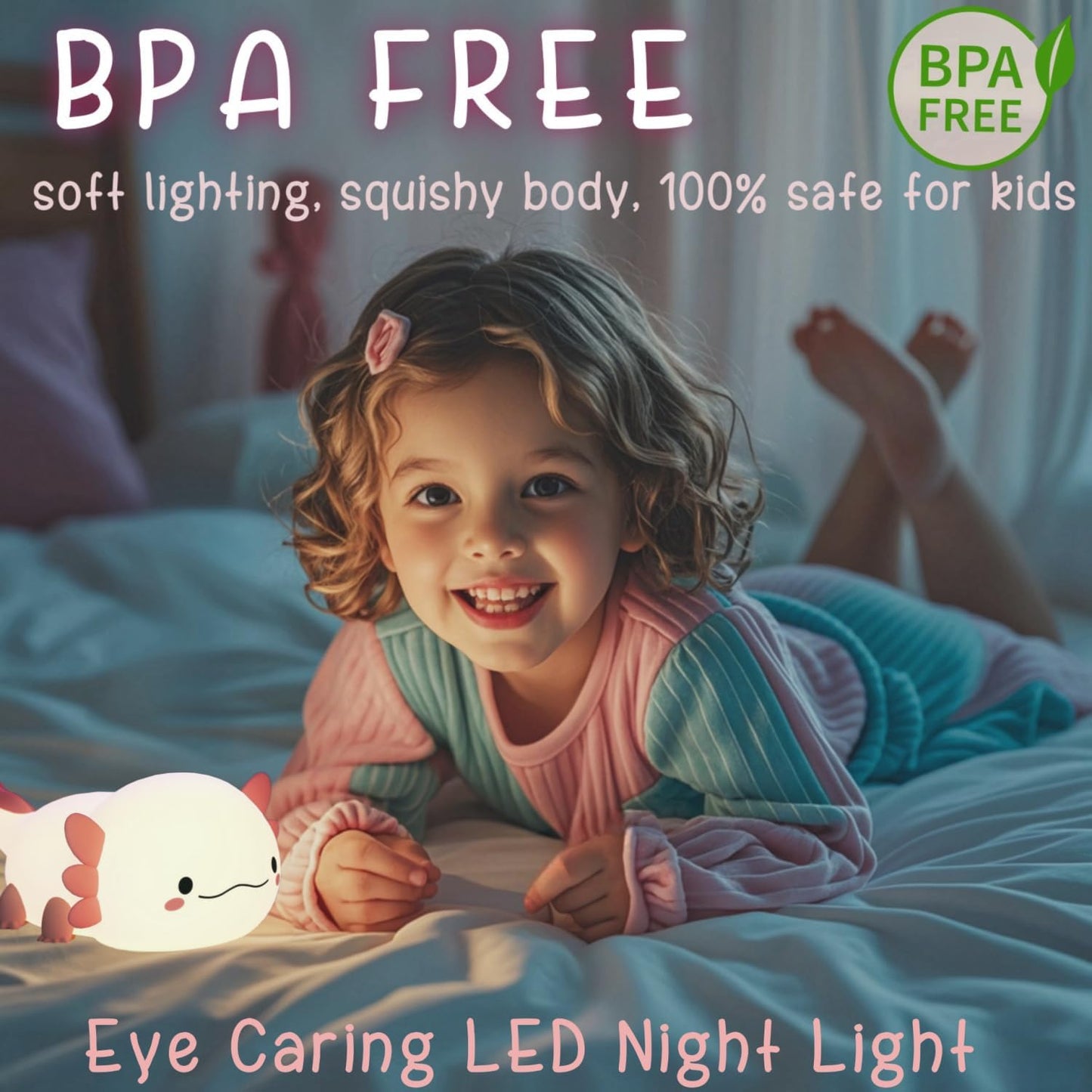 Axolotl Cute Night Light for Kids, Axolotl Lamp Girls Xmas Gifts, Rechargeable Bedside Nightlight, Squishy Dimmable Silicone LED Funny Animal Light, Baby Nursery Dorm Kawaii Décor Toys