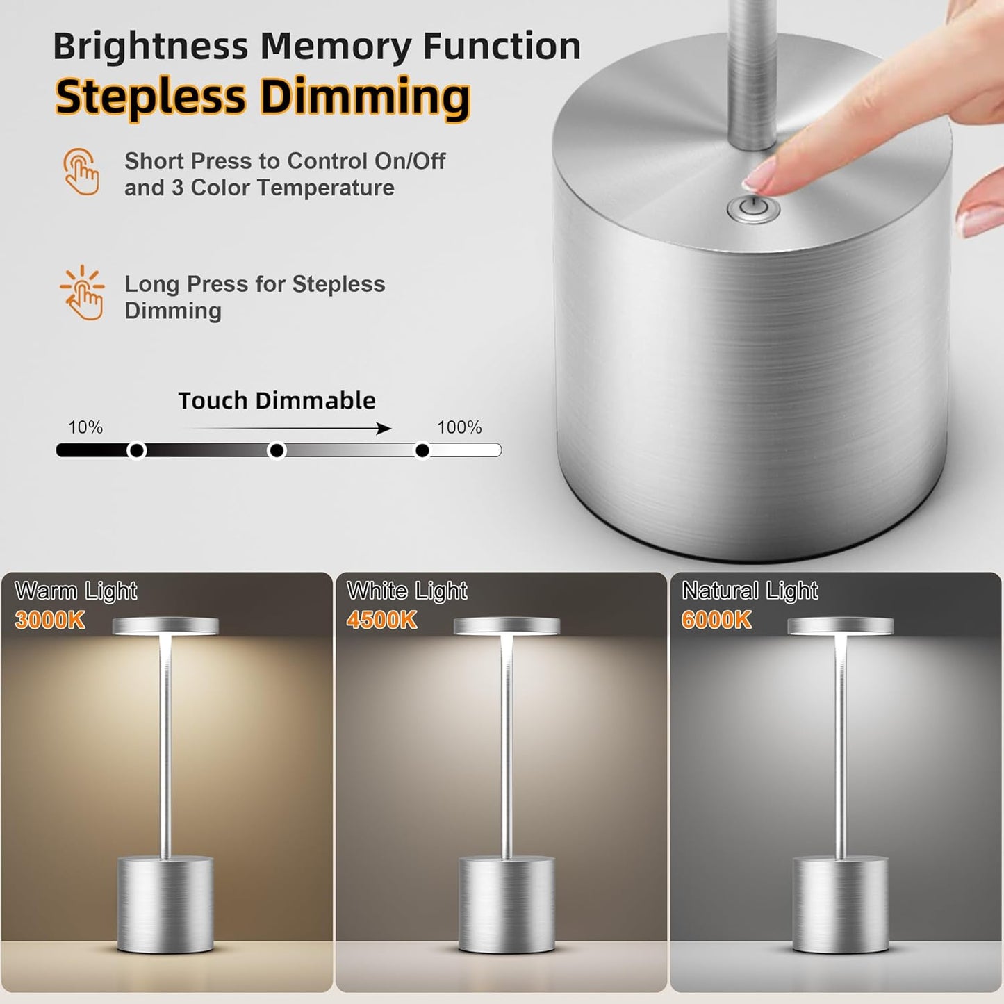 Cordless Table Lamps Rechargeable - Outdoor Waterproof LED Table Light Portable 5000mAh Battery Operated Lamp 3 Color Stepless Dimming with Memory Function for Restaurant Dining Patio (Silver)