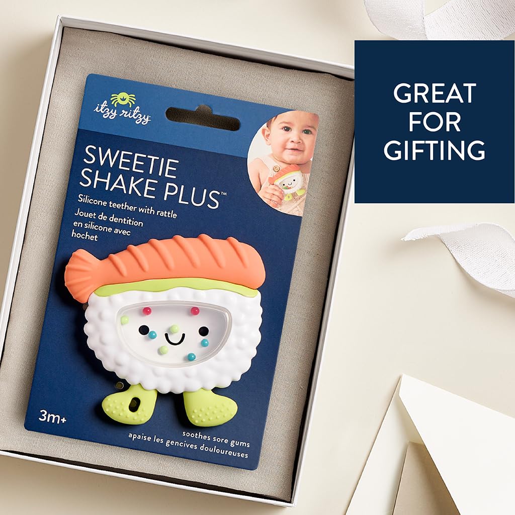 Itzy Ritzy Silicone Rattle Teether– BPA-Free Silicone Teether with Rattle for Babies & Toddlers – Features a Gentle Rattle Sound, Colorful Beads & Multiple Textures (Sushi)