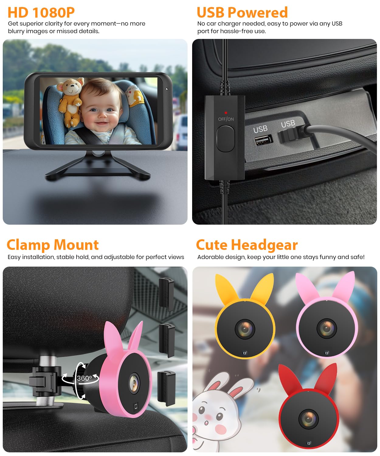 Babyvue BV2 USB Baby Car Camera: 4.5" 1080P Car Seat Camera with IR Night Vision & Shockproof Clip, Real-Time Infant Monitoring, Baby Must Have Gift for New Moms & Newborn Essentials