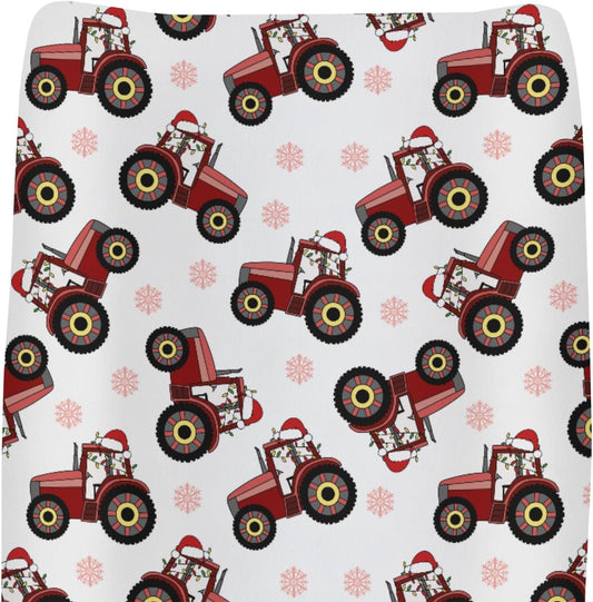Red Tractors Snowflakes Baby Changing Pad Covers for Boy Girl Christmas Farm Tractor Harvest Fitted Change Table Cover Mats Farmhouse Trucks Vehicle Soft Diaper Changing Table Sheets 32''×16''