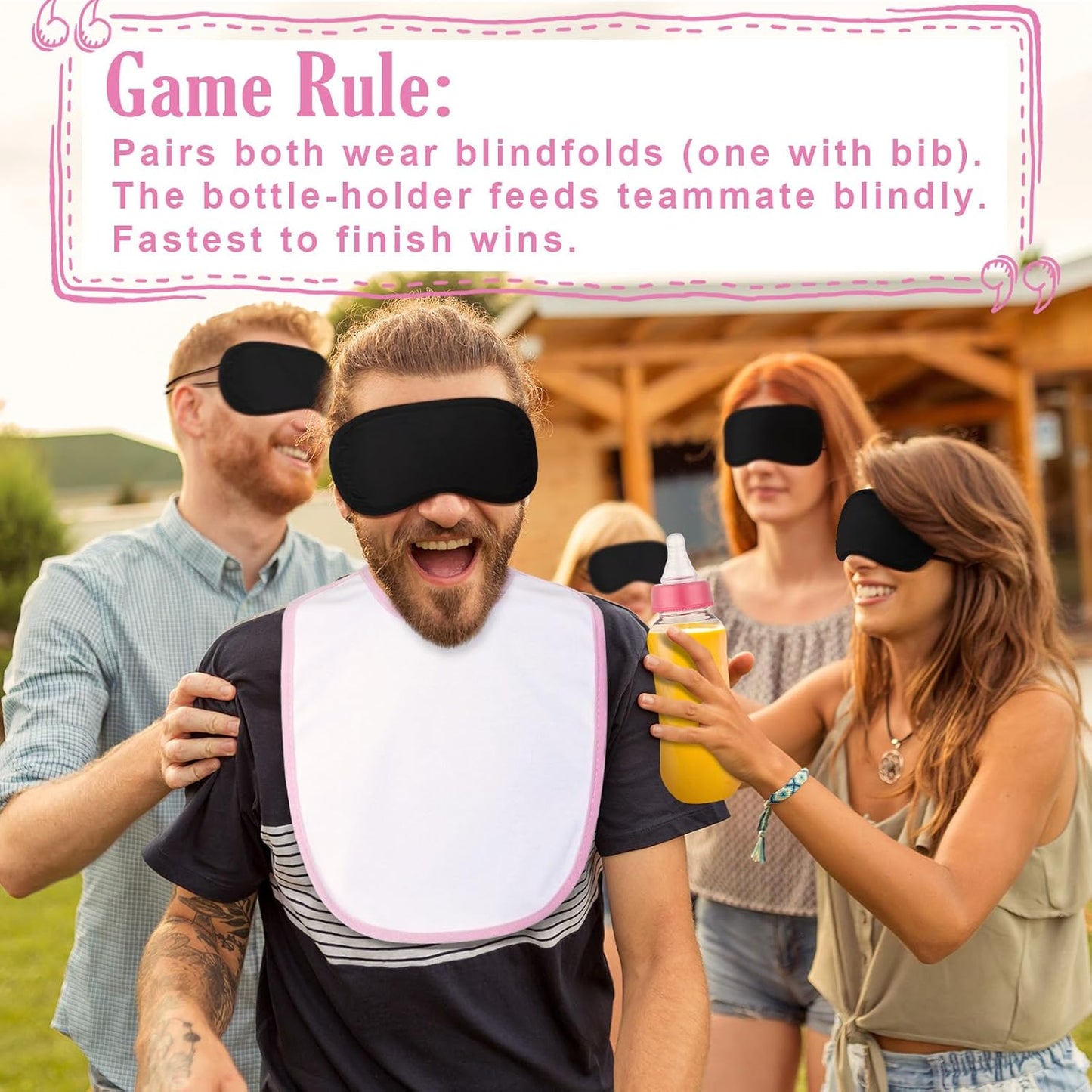 Leinuosen 24 Pcs Baby Shower Blindfold Feeding Game Set Include 6 Plastic Chug Bottles 6 Bib and 12 Eye Mask Blindfold Baby Feeding Bottle Chug Game for Adult Gender Reveal Party Supplies(Pink)