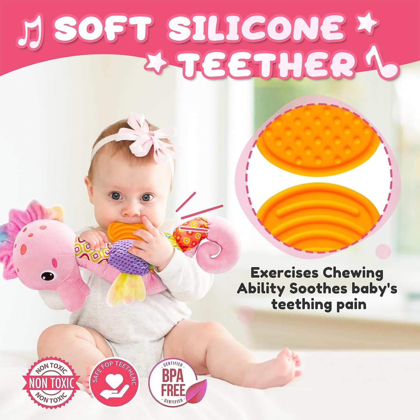 Baby Toys 0 to 12 Months, Musical Stuffed Animal Activity Soft Toys with Multi-Sensory Crinkle, Rattle and Textures,Infant Tummy Time Toys for Newborn Girls, Seahorse, Pink