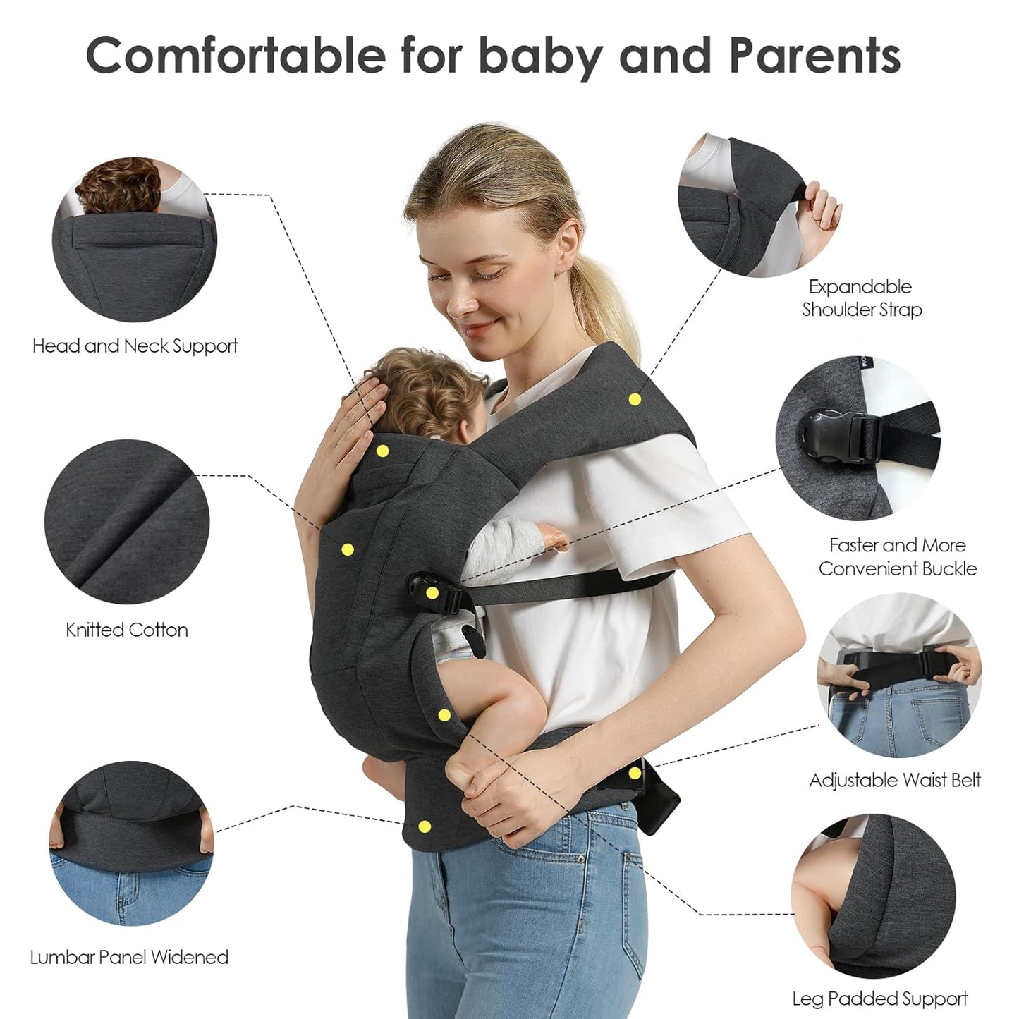 Baby Carrier Newborn to Toddler Baby Wraps Carriers(7-30lbs), Newborn Carrier with Head Support, Infant Holder Carrier with Enhanced Lumbar Support, Dark Grey