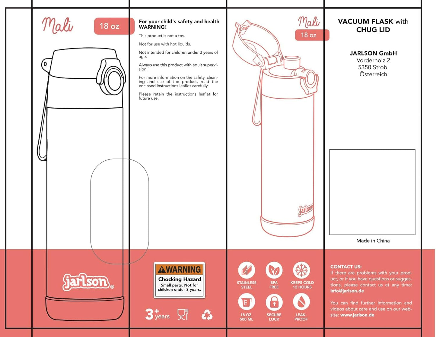 Jarlson® Mali Children's Water Bottle, Thermal Stainless Steel Water Bottle, BPA-Free, Leak-Proof, Children's Bottle with Chug Lid, Bottle for School, Nursery (Fox Green, 12 oz)