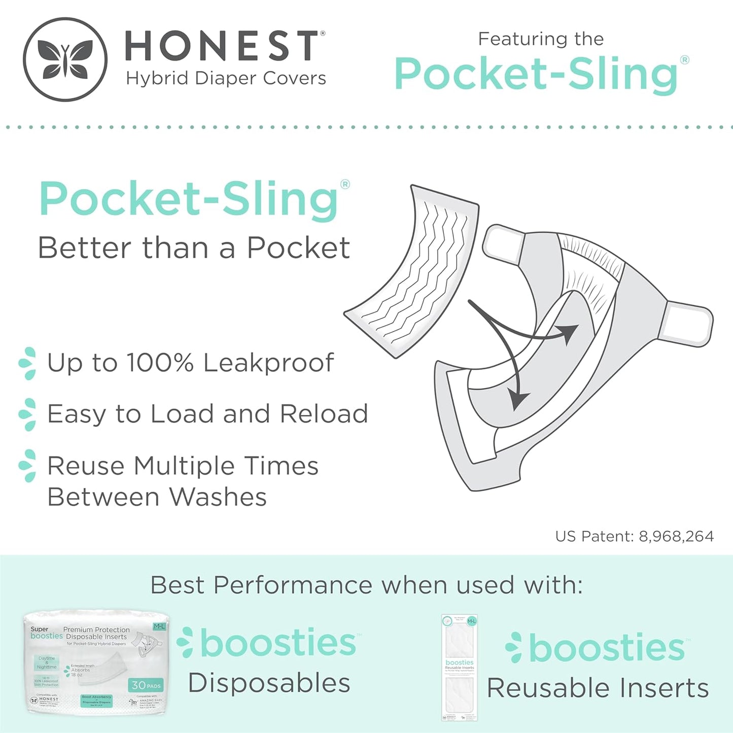 Honest Hybrid Cloth Diaper Covers with Pocket-Sling, Large (22-40 lbs), Stops Nighttime Leaks, Use with Boosties Disposable Diaper Pad or Reusable Insert, 3 Pack of Cotton Muslin Covers