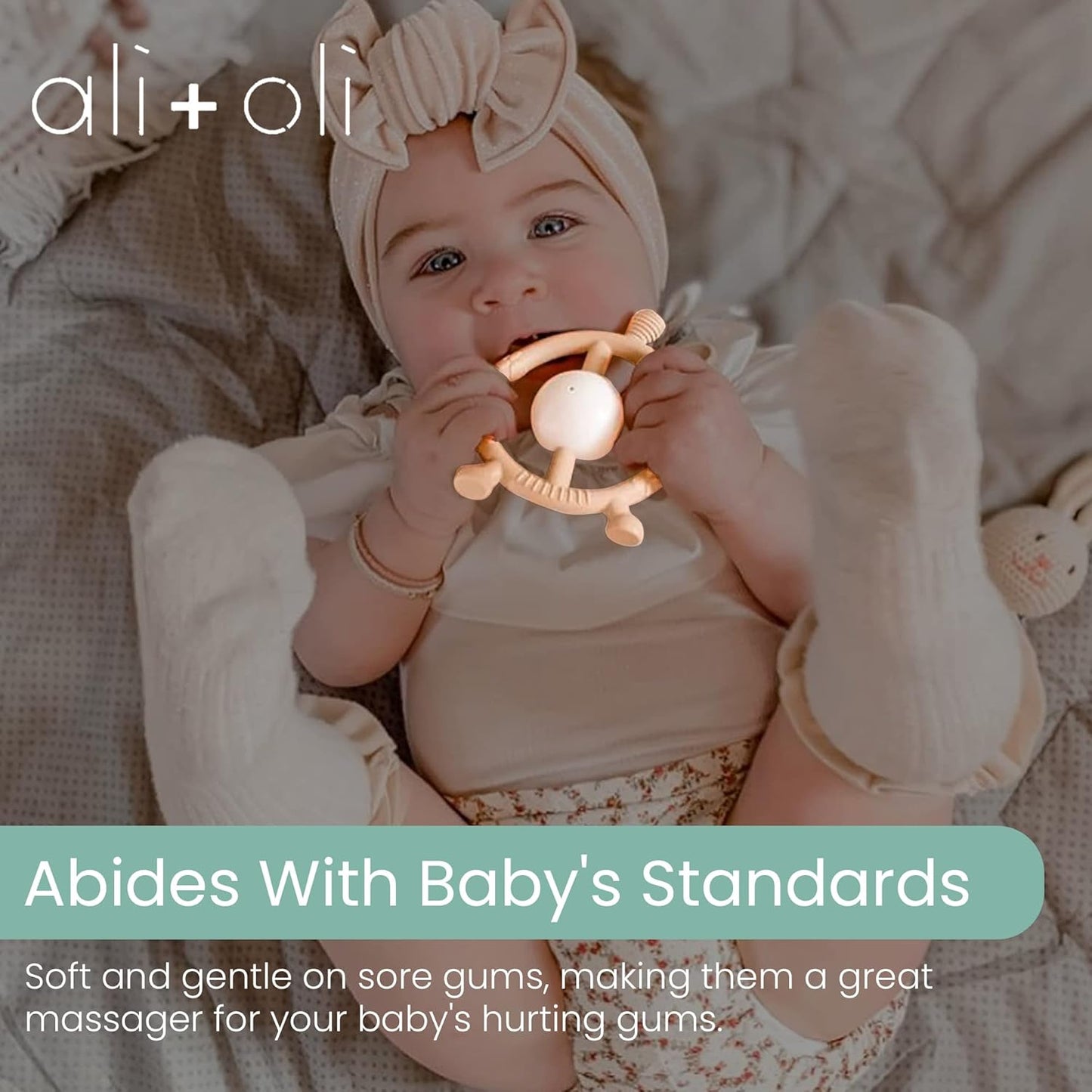 Ali+Oli Baby Teether & Rattle (Taupe Giraffe) Baby Teething Relief, Silicone Teethers for Babies 3+ Months, Baby Teething Toys w/Multi-Textured Surface, BPA Free & Freezable Teethers for Babies