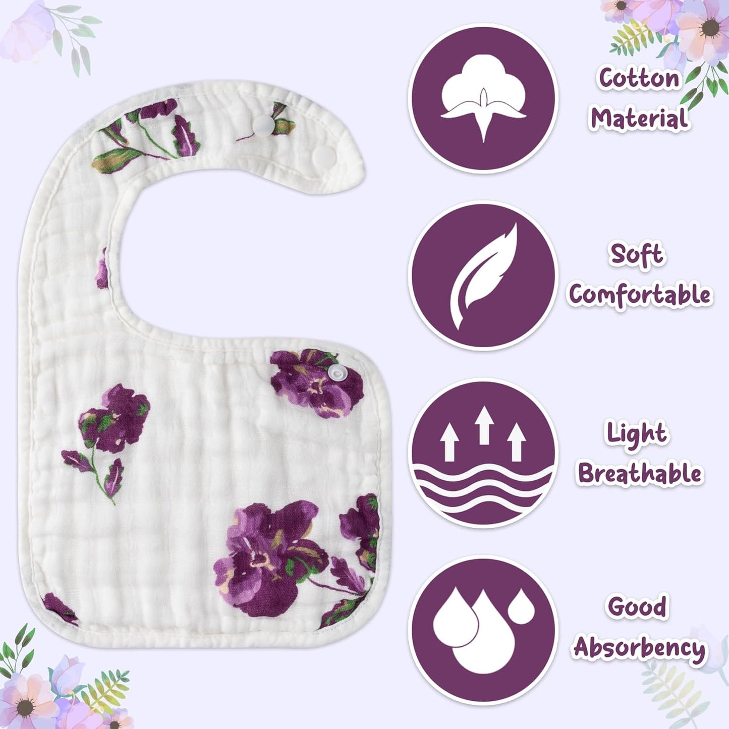 Zainpe 6Pcs Snap Muslin Cotton Baby Bibs Flower Pattern Infants Drooling Bib Soft Absorbent Adjustable Burp Cloths Feeding Cloth for Unisex Newborns Girls Boys Toddlers Teething Eating 0 to 36 Months