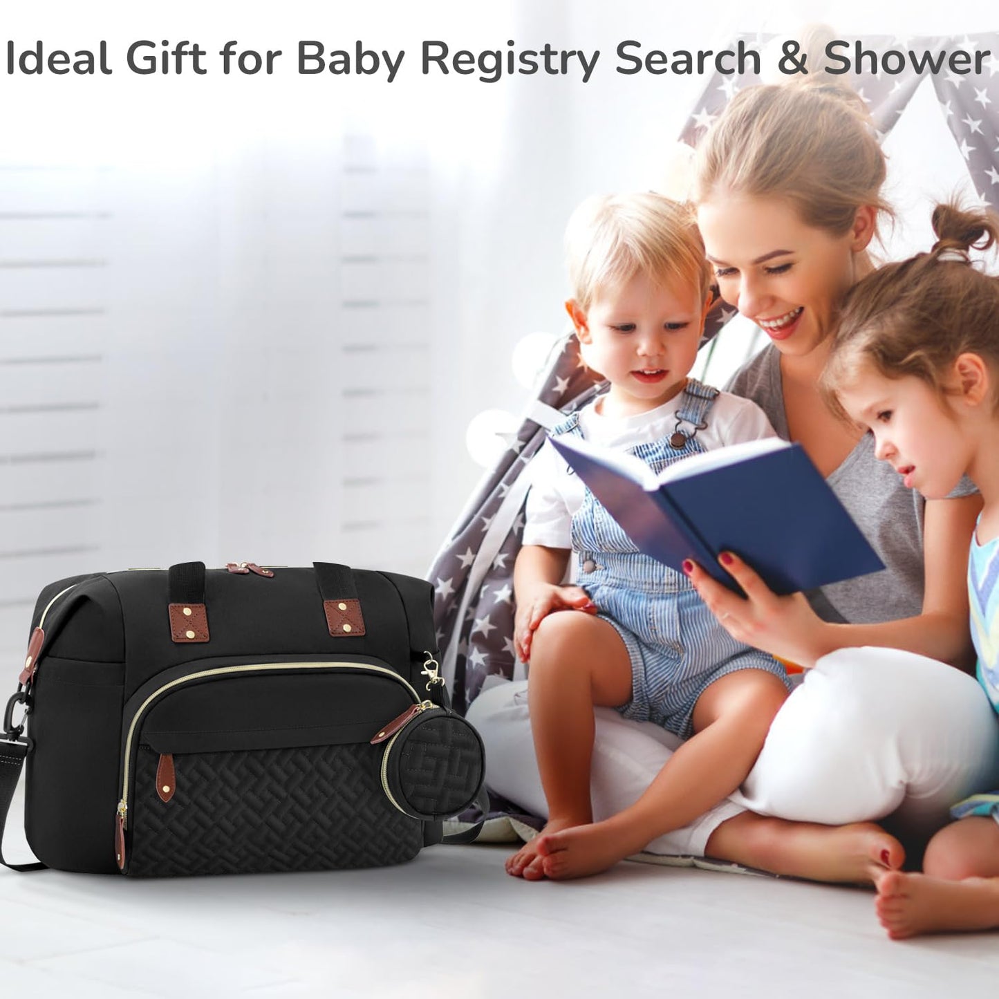Diaper Bag Tote, Baby Bag Travel Diaper Tote Bag with Pacifier Case, Cute Maternity Hospital Baby Stylish Diaper Tote for Mom Dad Medium Size, Black