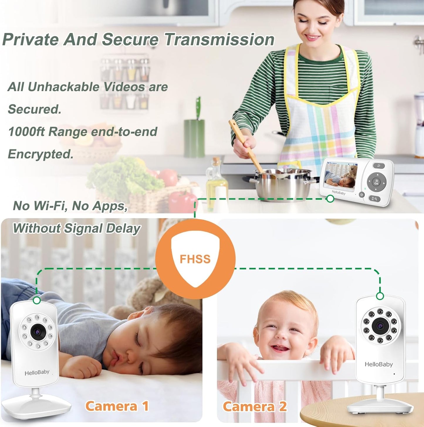 HelloBaby Monitor with 2 Cameras, 2.4'' Portable Travel Screen Baby Monitor No WiFi, 1000ft Long Range Video Baby Monitor, Night Vision, VOX Mode-Power Saving, Baby Safety Camera,for Baby/Pet/Elder