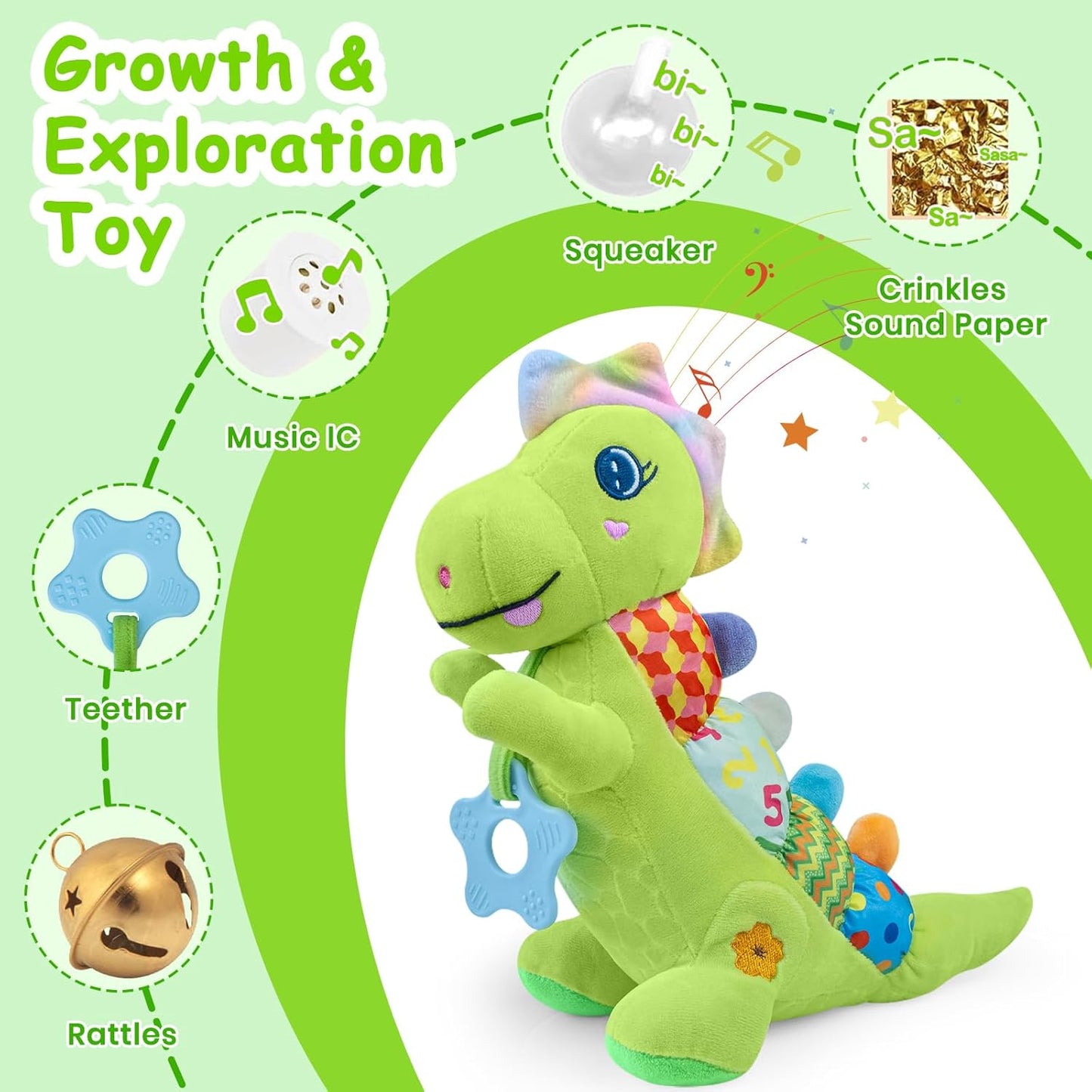 Baby Dino Plush Soft Stuffed Animal Toy for 0-3-6-12+ Months,Infant Musical Toy with Rattle,Squeaker,Sensory Crinkle,Teether & Textures,Tummy Time Toys Christmas Baby Gift for Newborn Girl Boy (Green)