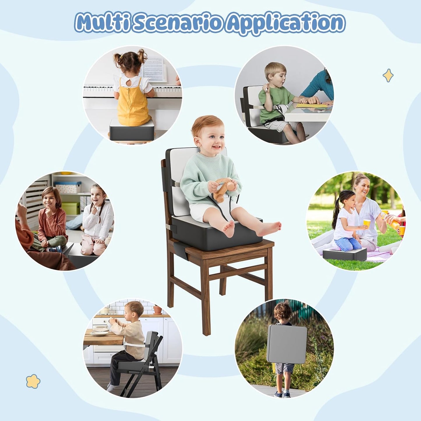 Booster Seat for Kitchen Chair, Toddler Booster Seat for Dining Table with Backrest and Safety Buckles, Portable Non-Slip Bottom Toddler Booster seat for Table