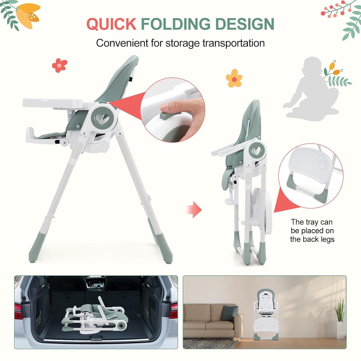 Foldable High Chairs for Babies and Toddlers, Adjustable Infant Baby Chair with Removable Tray and Non-Slip Foot Pads, Highchair for Children Aged 6 to 36 Months, Green