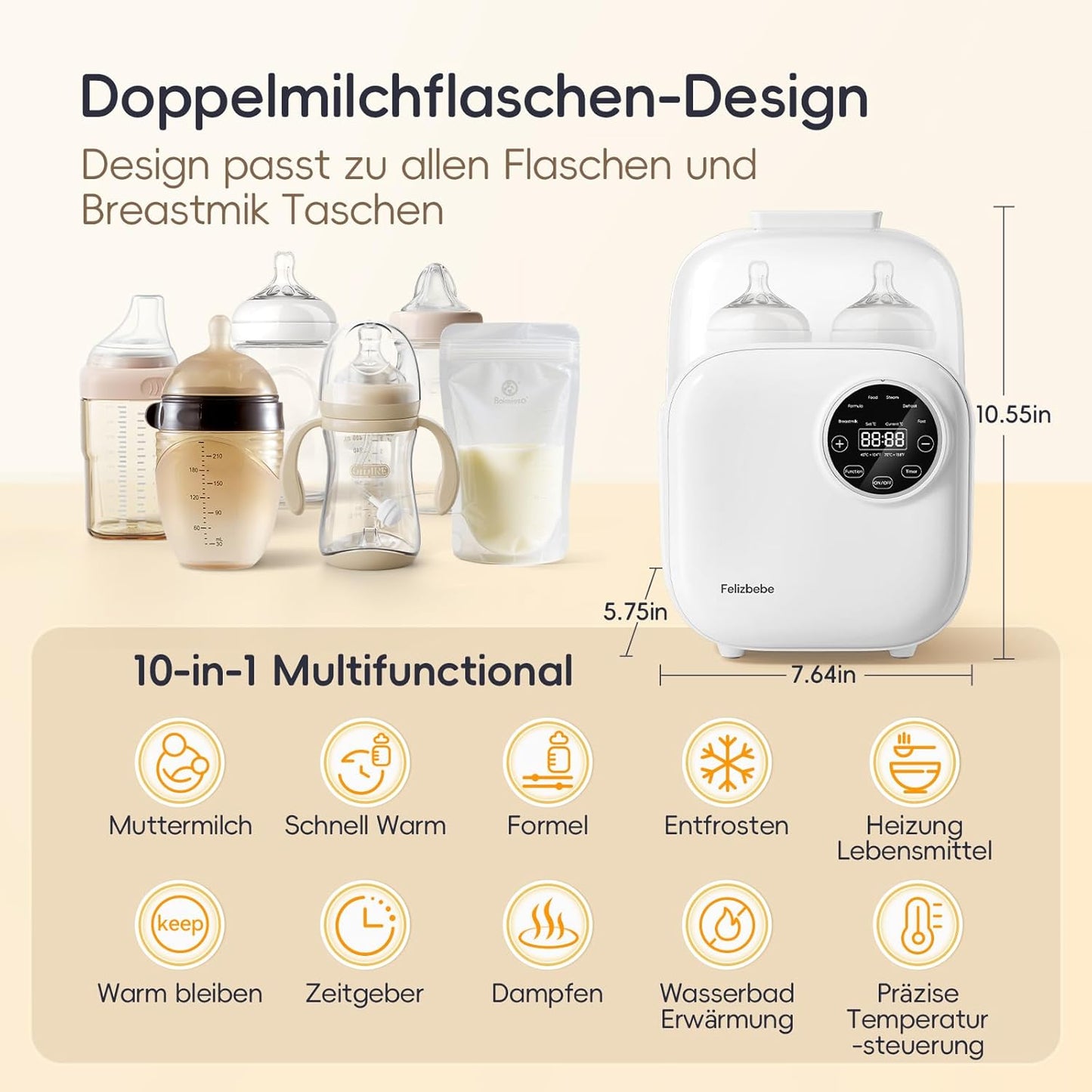 Baby Bottle Warmer, Felizbebe 10-in-1 Double Bottle Warmer for Breastmilk or Formula, Breast Milk Warmer for Baby, Accurate Temperature Control, Timer, Sterili-zing, Defrost, Heat Food, Keep Warm