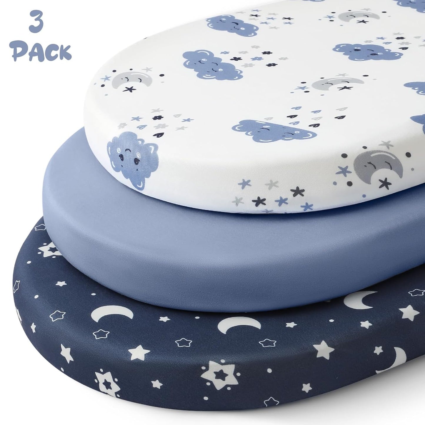 Yoofoss Bassinet Sheets for Baby,3-Pack Fitted Bassinet Sheets Set Compatible with Halo Bassinest Swivel Sleeper,Baby Delight,Angelbliss,Soft Breathable Bassinet Mattress Sheets(Blue+Cloud)