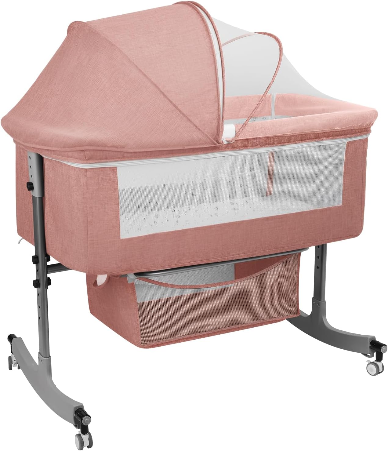 3-in-1 Baby Bassinet Bedside Sleeper for Newborns & Infants - 6-Level Height Adjustable, Portable Convertible Bassinet/Cradle with Mosquito Net, Storage Basket & Wheels,Easy Assemble (Pink)