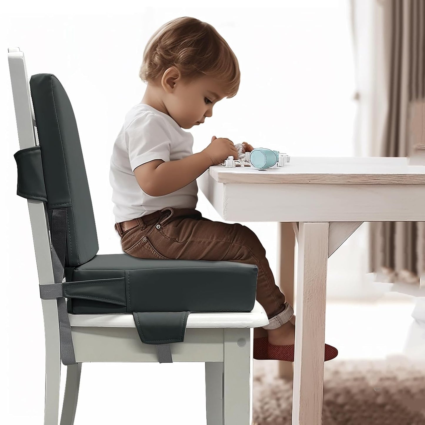 Booster Seat for Dining Table, PU Anti-Scratch Easy Cleaning Kids Toddler Booster Seat for Table, Portable Travel Increasing Cushion for Chair - Dark Grey