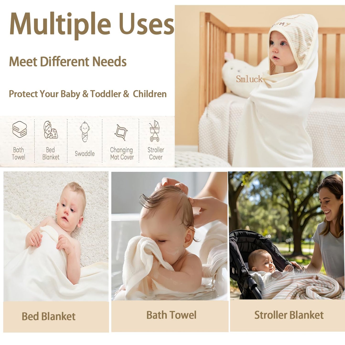 6-Pack Baby Hooded Towel and 5 Washcloths Set, Premium Ultra Soft Reusable 100% Organic Cotton Baby BathTowel, Baby Blanket for Newborns, Infants, Toddlers, Stripes, 30 x 30 Inch