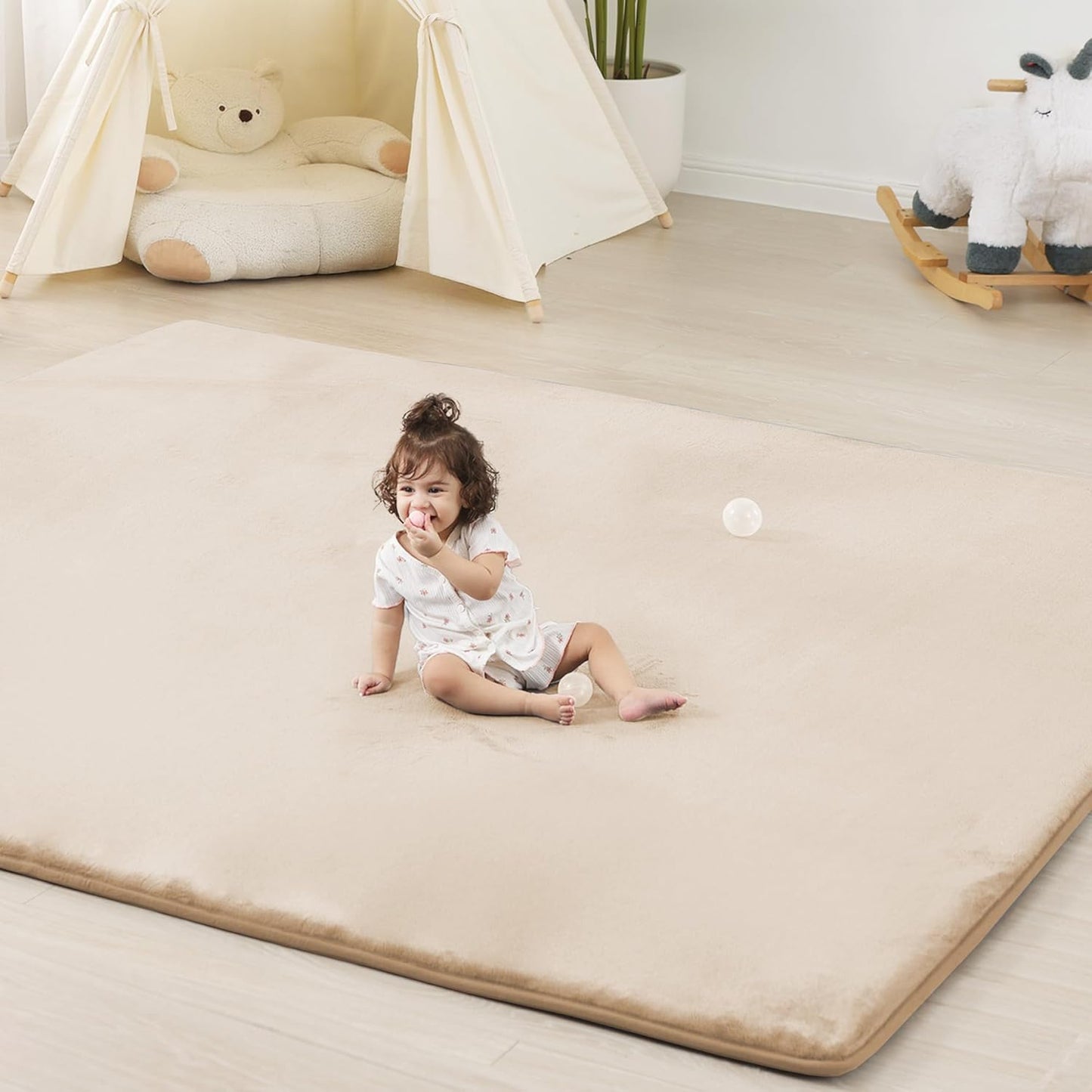 1.3" Thick Baby Floor Play Mat 79x118, Basic Padded Foam Mat for Tummy Time Crawling, Non Slip Cushioned for Babies Toddlers Infants Kids (Beige)