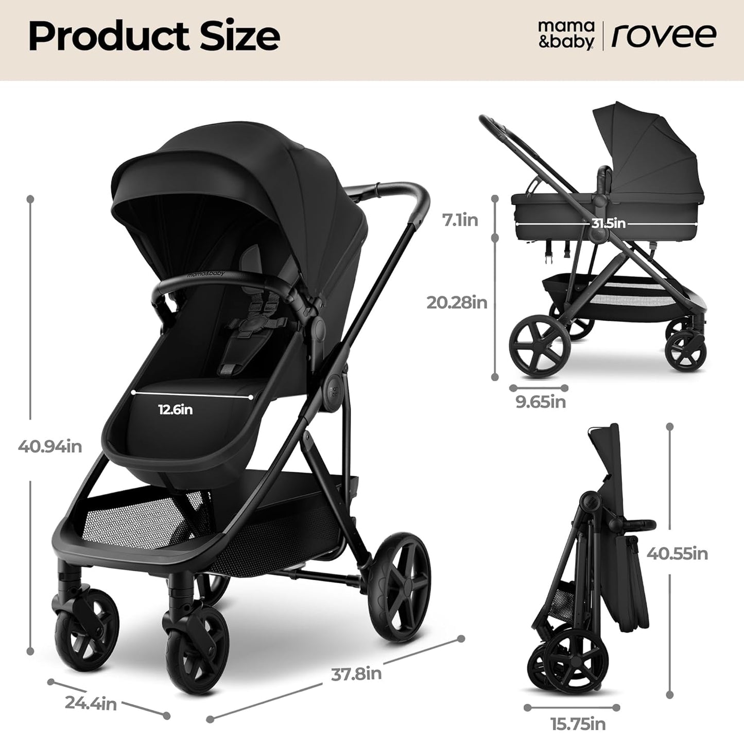 MAMA & BABY Rovee 2-in-1 Baby Stroller, Convertible Infant & Toddler Stroller with Reversible Seat, Large UPF 50+ Sun Canopy, Foldable Stroller with Shock-Absorbing Wheels & Storage Basket