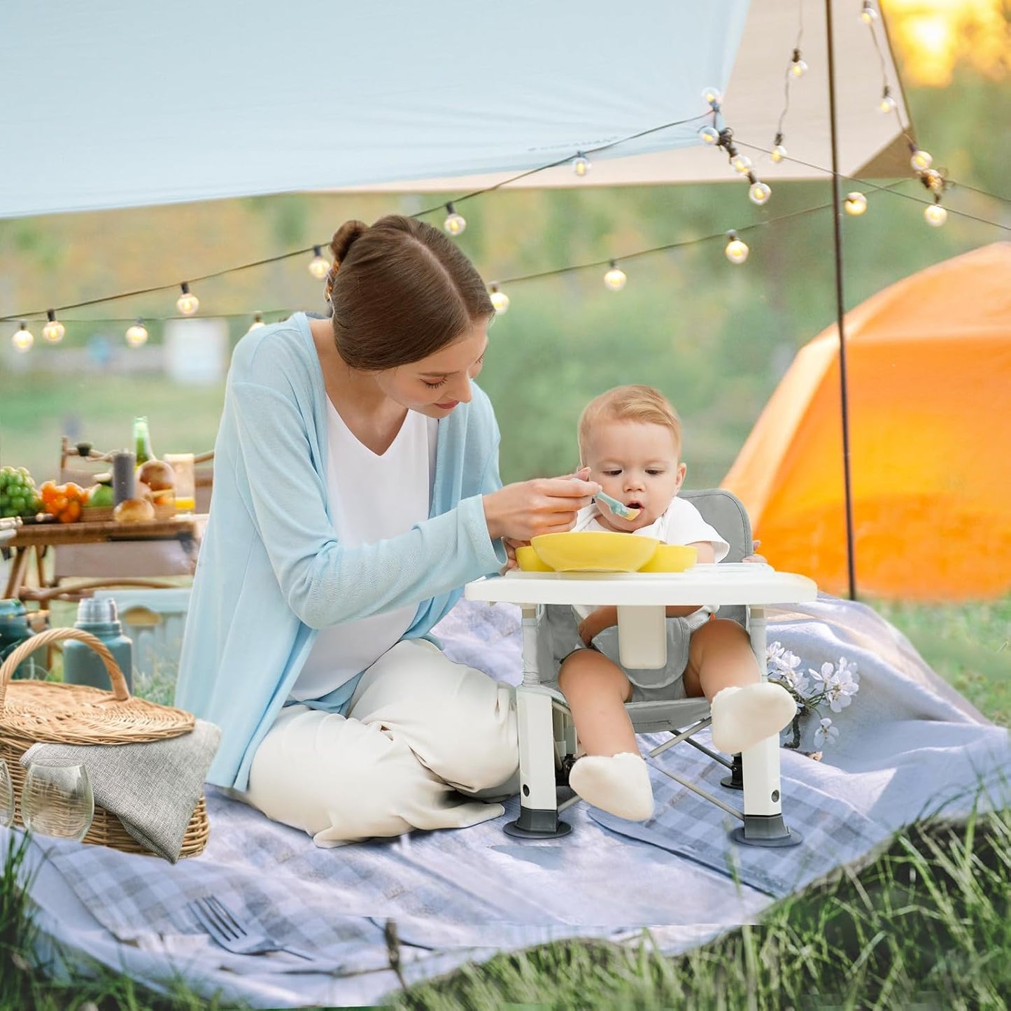 Baby Travel Booster Seat with Double Tray, BabyBond Upgraded Toddler Portable Baby Chair, Booster Seat for Dining Table, Stable and Foldable Booster Baby Chair for Indoor/Outdoor (Grey Lion)