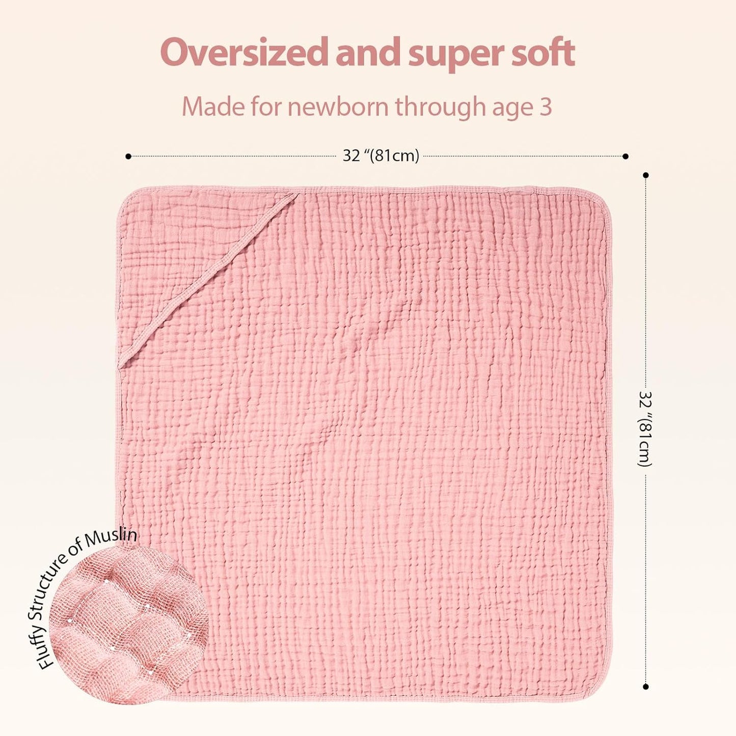 Hooded Baby Towels for Newborn - 2 Pack, 100% Muslin Cotton, Baby Bath Towels with Hood, Soft and Absorbent for Girls Infant, Toddler and Kids, Large 32x32 Inches, Newborn Essential