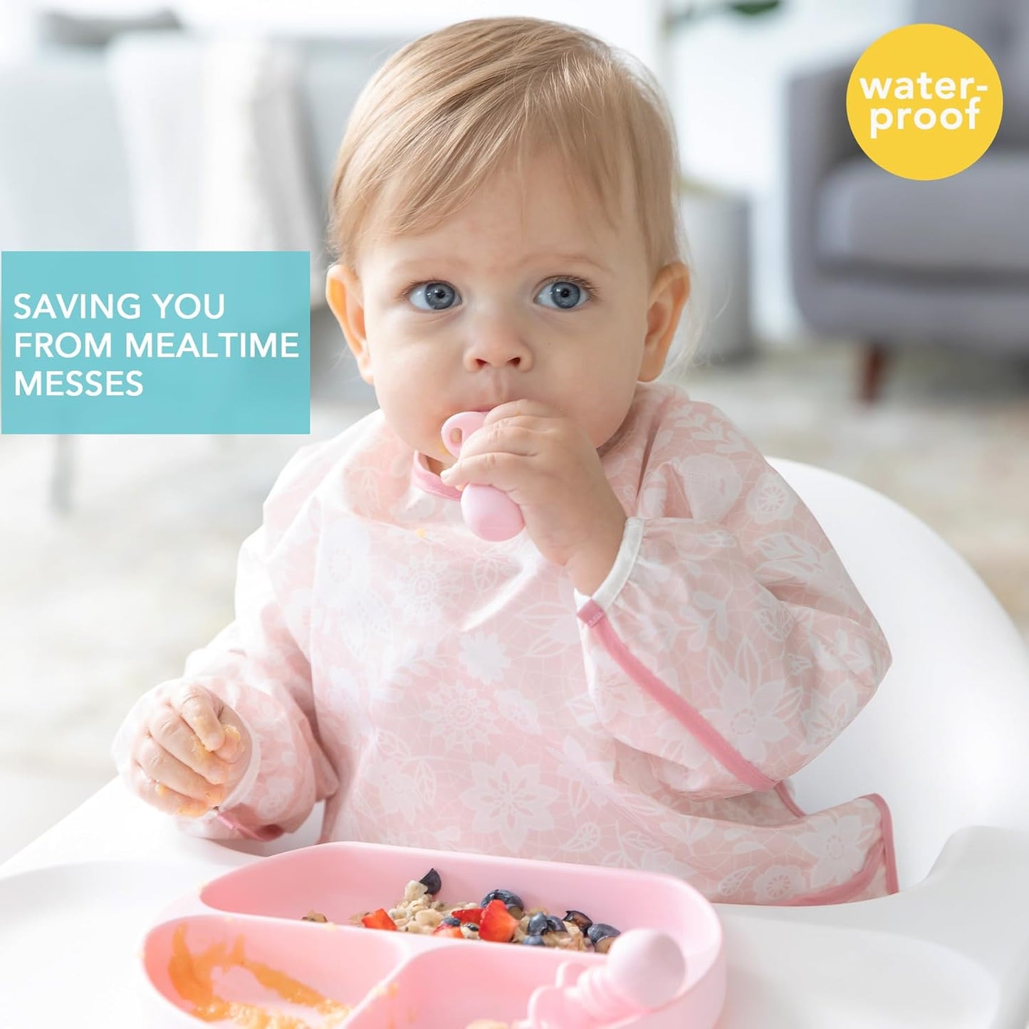 Bumkins Sleeved Bib for Girl or Boy, Baby and Toddler for 6-24 Mos, Essential Must Have for Eating, Feeding, Baby Led Weaning Supplies, Long Sleeve Mess Saving Food Catcher, Soft Fabric, Lace Pink