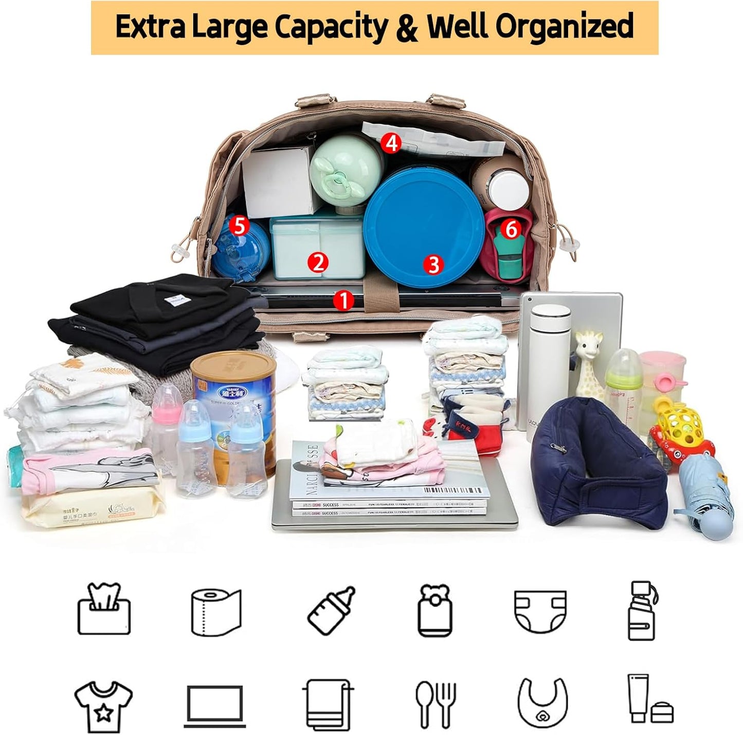 Diaper Bag Tote, Large Tote Baby Diaper Bag with 15.6" Laptop Compartment and Insulated Pockets, Crossbody Hospital Bags