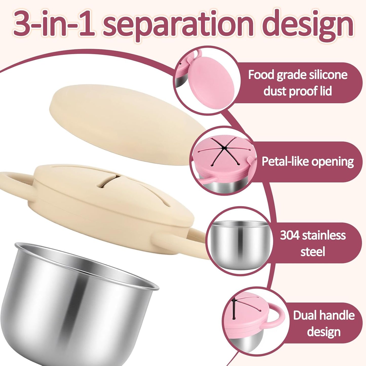 2 Pack Stainless Steel Toddler Snack Cups,Snack Containers For Kids,Baby Food Catcher Spill Proof,Bpa-Free,Food Grade Silicone,Spoon Is Included