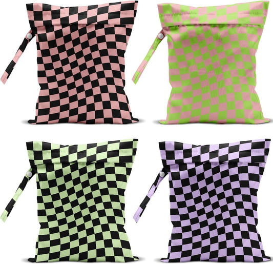 4 Pack Multicolor Checkered Wet Bag Waterproof Washable Reusable Wet Dry Bag for Swimsuit Clothes Cloth Diaper Travel Beach Pool Yoga Gym Toiletries Gift for Women Bachelor Party Birthday Christmas