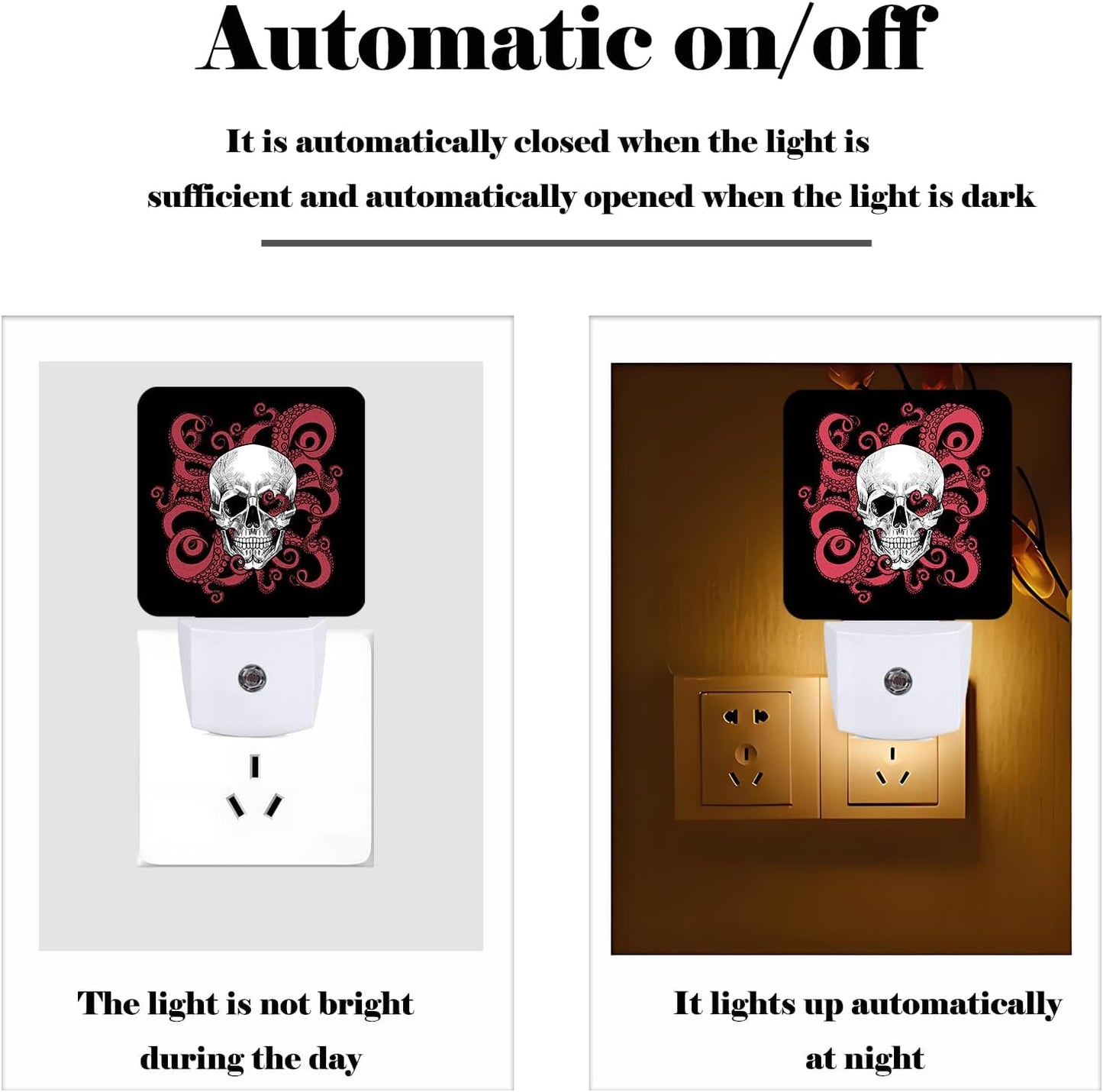 Human Skull and Octopus Tentacles Night Light,Plug Into Wall for Boys Girls Bedroom Decorative Square Night Light Lamp 0.5w Sleep Friendly