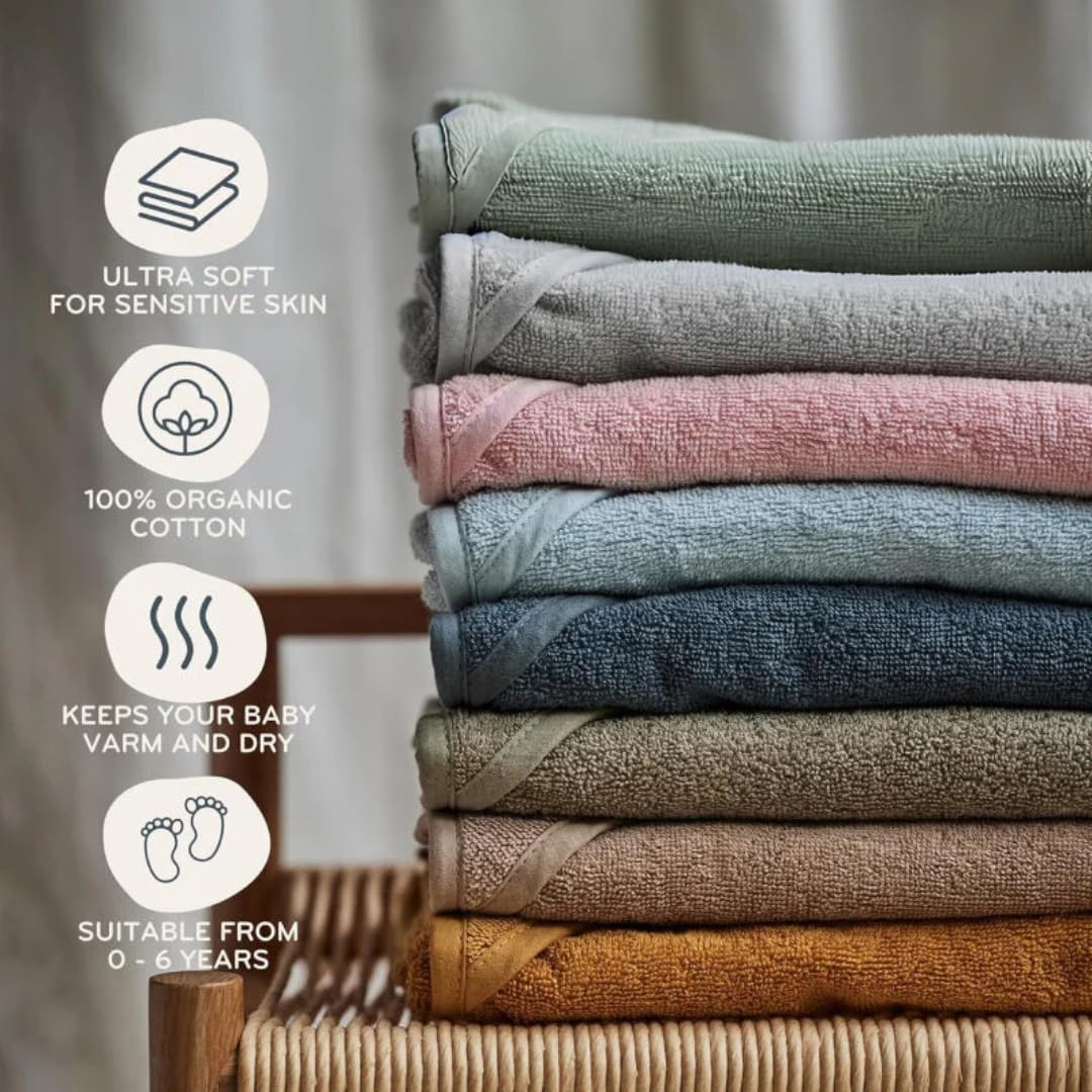 Baby Hooded Towel – Organic Cotton Baby Bath Towels, 32" x 32" Super-Soft and Absorbent Baby Towels for Newborn 2-Pack (TW Bear Fog/R. Roman Green)