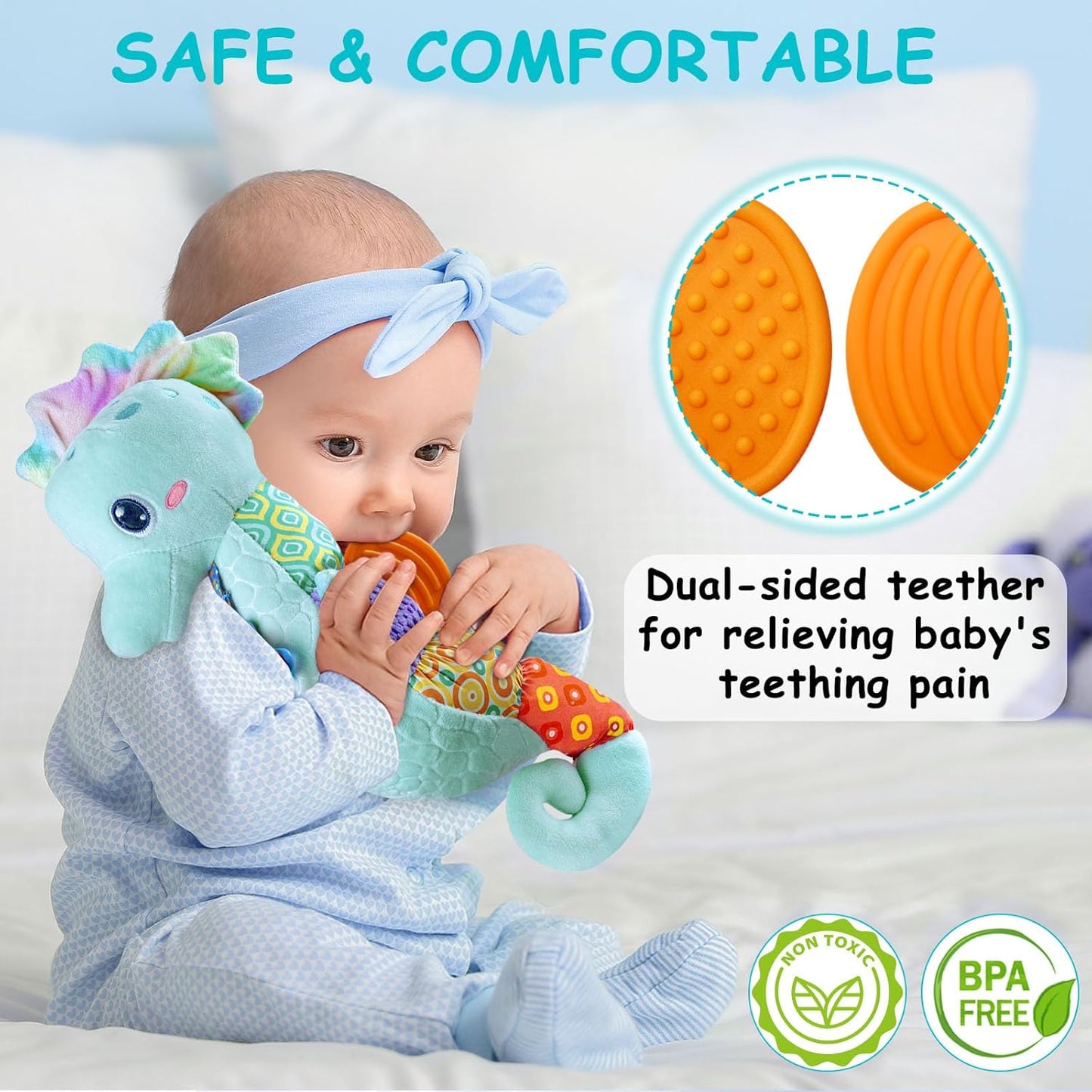 Fuzqq Baby Toys 0-6 Months,Musical Stuffed Animal Plush Toy with Rattle,Soft Newborn Toy for 0 3 6 9 12 Months Girls,Baby Boy Gift,Blue