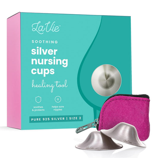 LaVie™ Silver Nursing Cups for Breastfeeding, Soothing Protection for Nursing Nipples of Newborns, Natural Relief for Nursing Moms, 925 Silver Nipple Covers All Natural (Size 2)