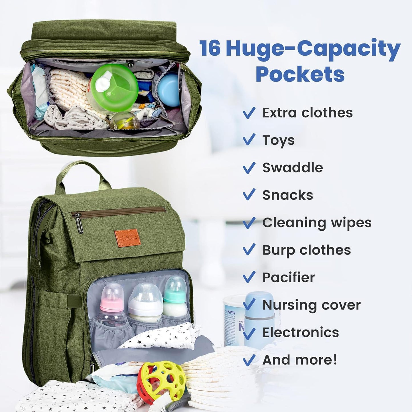 PILLANI Baby Diaper Bag Backpack - Large Bag for Boys & Girls, Waterproof Diaper Backpack - Travel Diaper Bags w/Changing Pad, Baby Registry Search & Shower Gifts - Essentials Must Haves Newborn Stuff