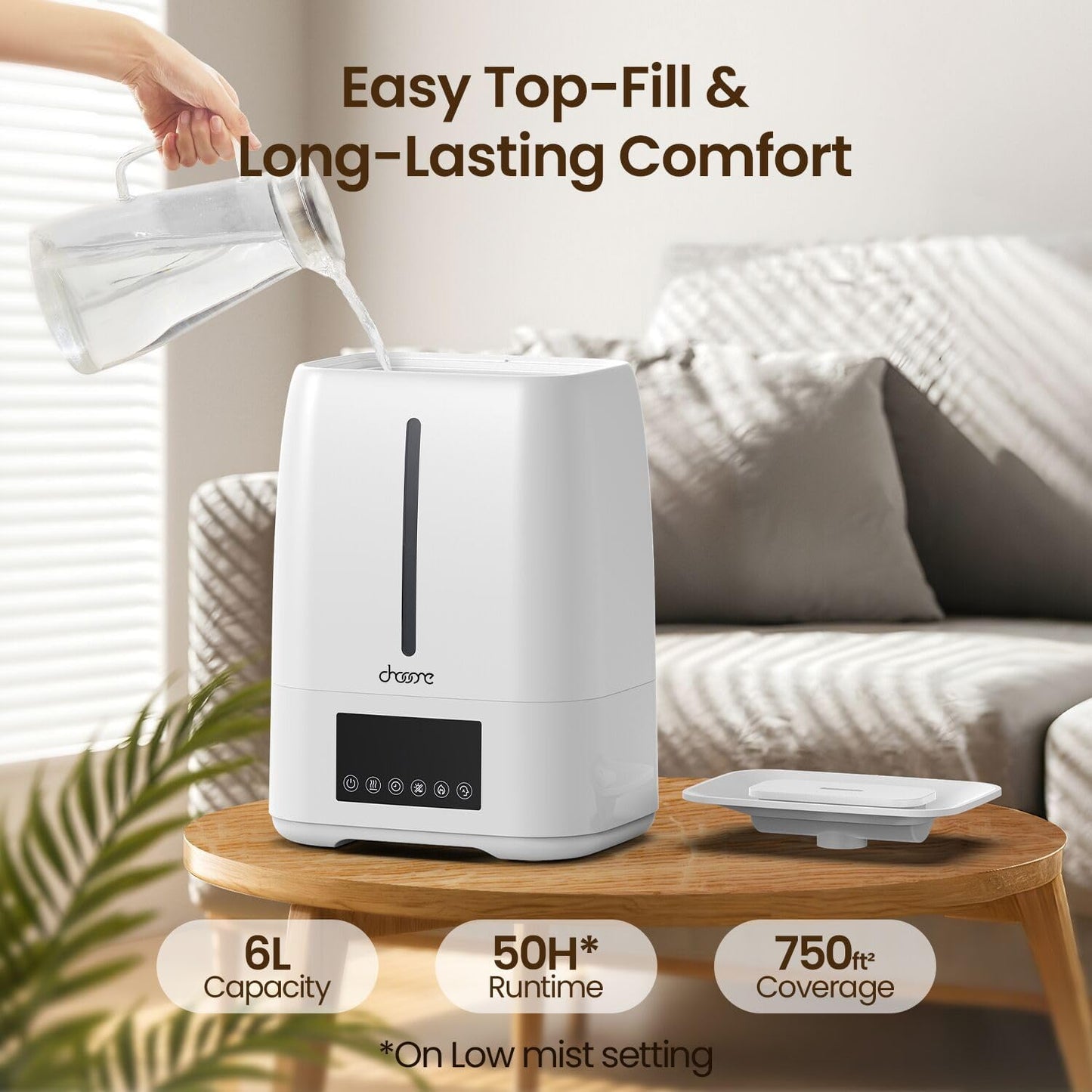 6L Top Fill Ultrasonic Humidifier - Cool and Warm Mist for Bedroom, Baby, Large Rooms & Plants, Smart Humidity Control, Aroma Diffuser, Night Light, 12H Timer, Quiet, White
