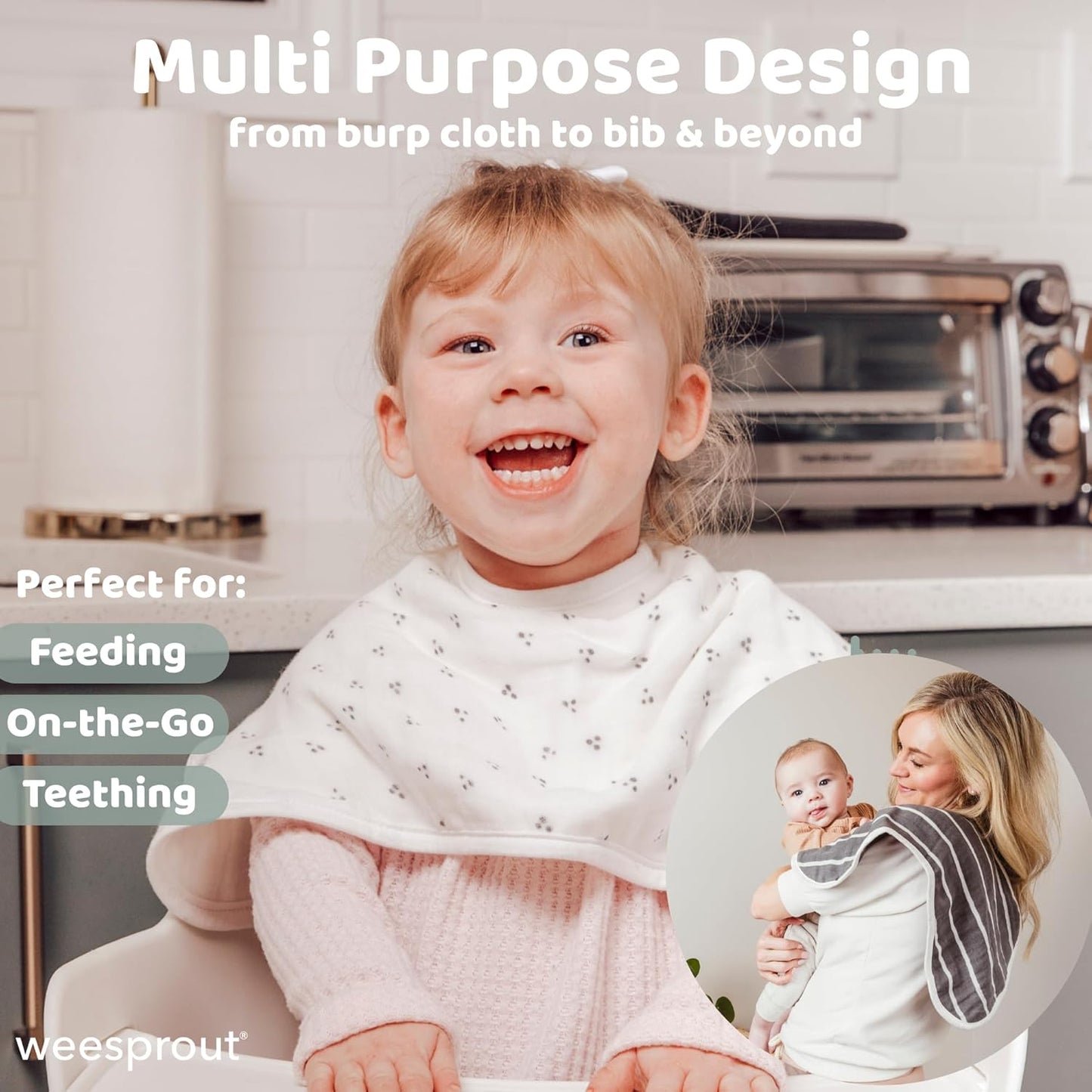 WeeSprout Unisex Organic Towel Cotton Burp Cloths, Set of 4, Four Ultra-Absorbent Layers Keep Clothes Dry, Button Transforms into Baby Bib, Machine Washable & Dryer Safe (Neutral Set, Full)