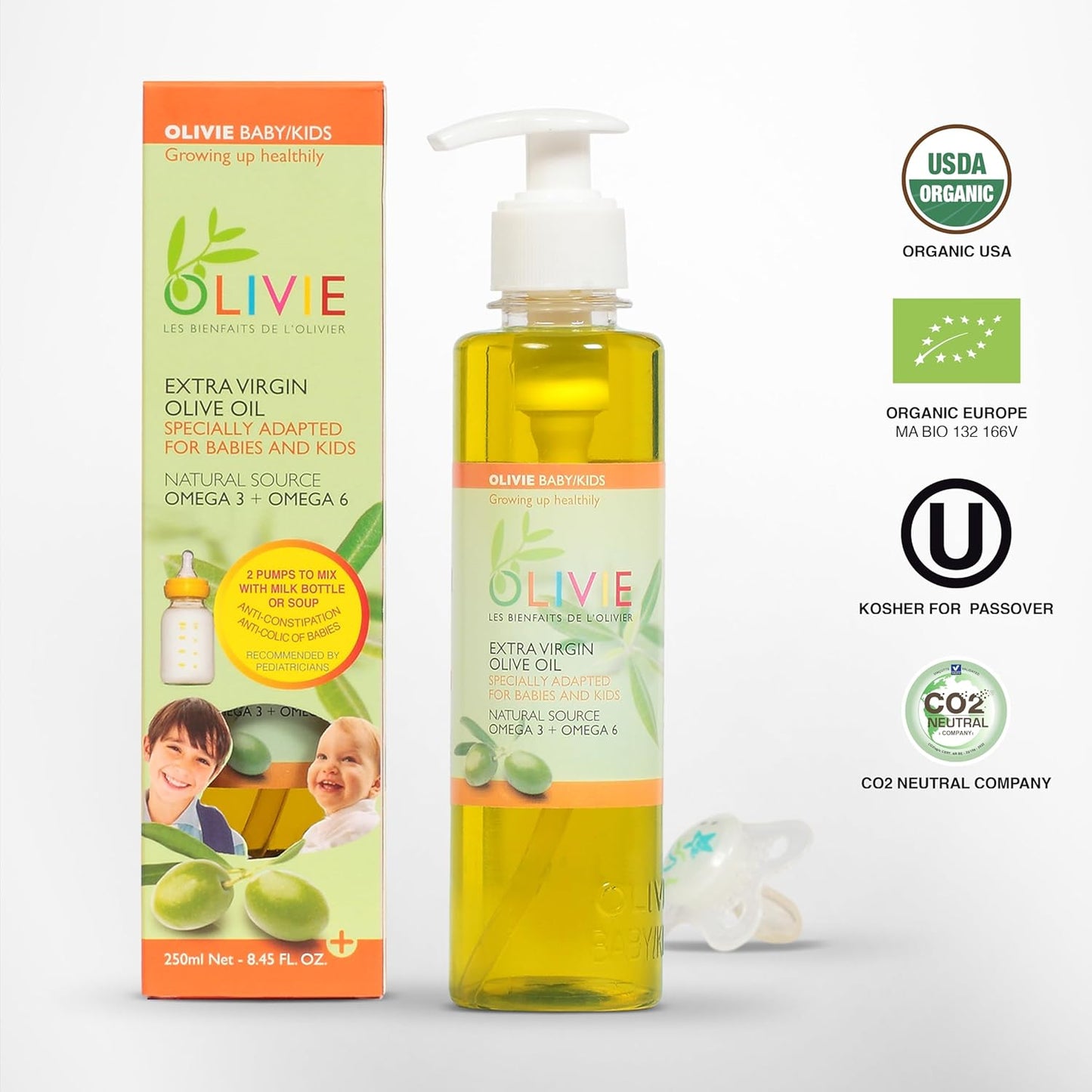 Calming Baby Oil for Newborns by OLIVIE, All Natural Colic Relief & Soothing Organic Moisturizer, Omega-3 Olive Oil Supplement for Infants, Toddlers & Kids, 250ml