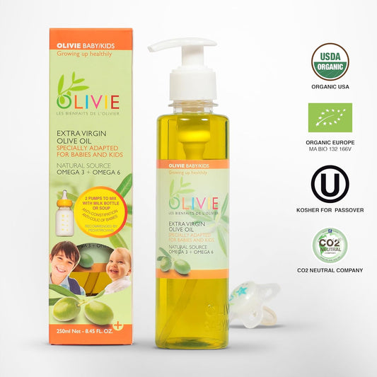 Calming Baby Oil for Newborns by OLIVIE, All Natural Colic Relief & Soothing Organic Moisturizer, Omega-3 Olive Oil Supplement for Infants, Toddlers & Kids, 250ml
