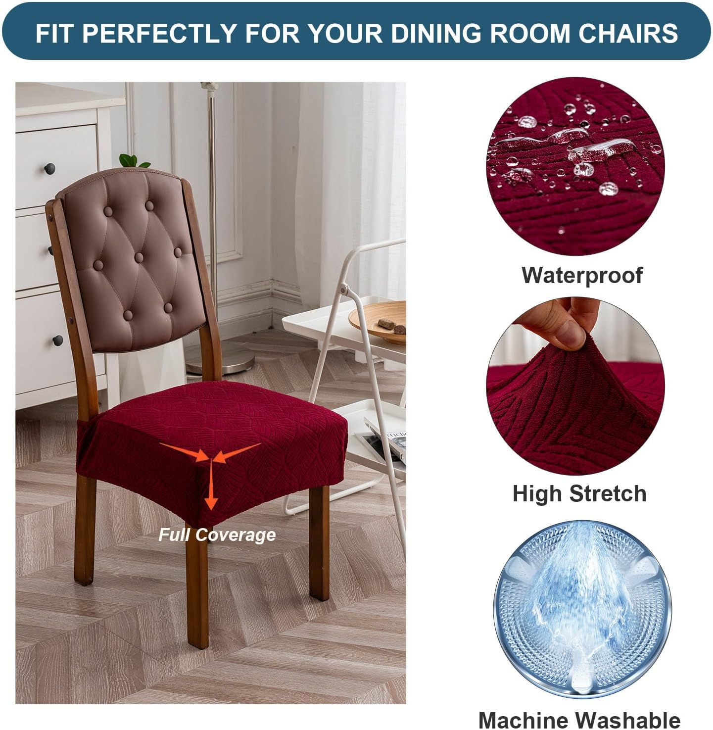 Removable Washable Dining Chair Seat Covers Set of 2,Stretch Jacquard Chair Seat Cushion Protector Slipcovers, Rear Covers