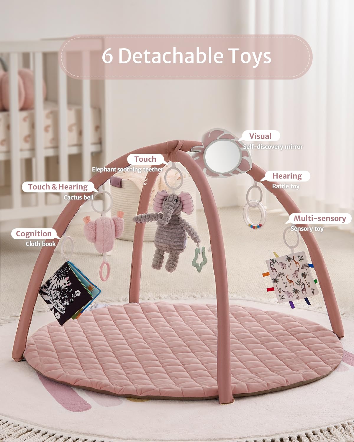 Blissful Diary Baby Play Gym Mat, Tummy Time Activity Mat with 6 Detachable Toys for Skill Development, Baby Essentials Gift, Soft Pink