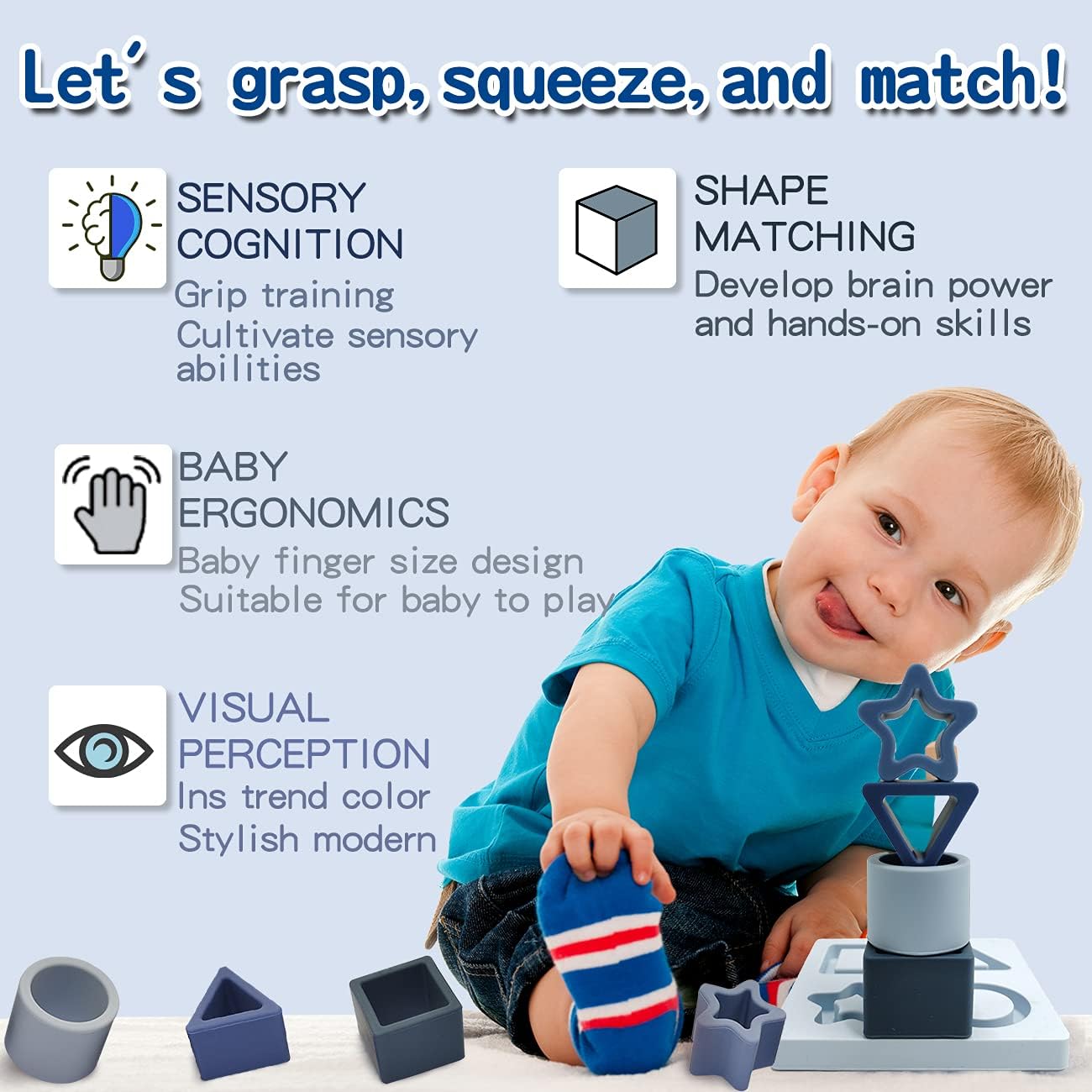 Baby Stacking Building Blocks Silicone Teething&Squeezing Shape Sorter Puzzle Montessori Sensory Toys for Babies Toddlers 6 to 12 Months(Blue)